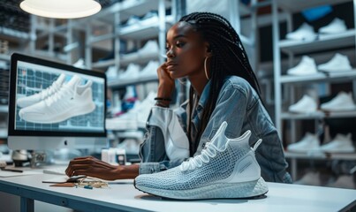 Multiracial Female Designer Comes Up with Design of Sneakers by Creating a Model It in the Software for 3d Visualization. Talented Black Woman Preparing Fashionable Footwear for New, Generative AI 