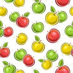Vector Colorful Apple seamless pattern, repeating background with flying cartoon multi colored apples for wrapping paper, square placard with flat lay apple fruits on white background for home decor