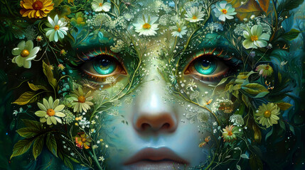 A mystical portrait blending human features with nature, adorned with vibrant flowers and rich foliage.