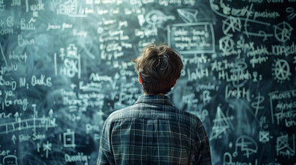 A person contemplating complex equations on a chalkboard, representing the pursuit of knowledge and problem-solving.