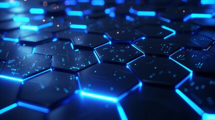 Obraz premium Abstract Hexagon Pattern with Blue Glowing Lines, 3D Render, Abstract Background, Technology, Futuristic, Design, Cyberpunk