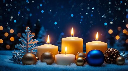 Christmas decoration with burning candles and ornaments on blue background.