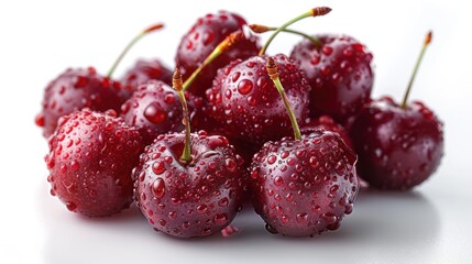 Close-up of Fresh Red Cherries with Water Drops