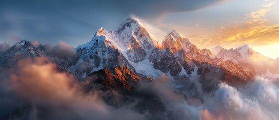 Mountain range, demonstrating the grandeur of natural landscapes focus on, adventure spirit, dynamic, composite, peaks