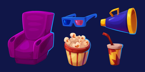 Cinema interior design set isolated on background. Vector cartoon illustration of armchair seat, retro 3d glasses, megaphone, bucket of salty popcorn, paper cup with straw, movie symbols collection