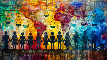 Vibrant artwork depicting unity and balance among diverse figures against a colorful world map backdrop.