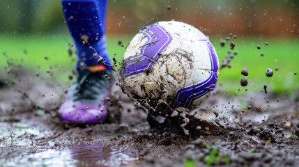 Foot wearing purple soccer boot shoes, kicking ball on mud field