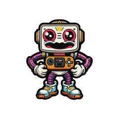 Illustrate a vector image of a retro gaming console with cartoon-style features, including a face, arms, legs, and shoes. The console should have a happy expression.