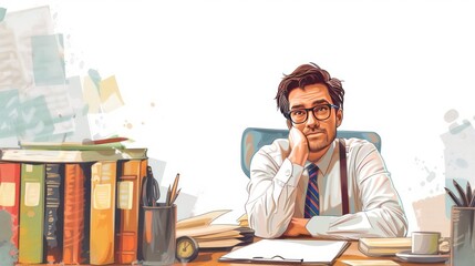 Tired businessman with glasses sitting at desk.