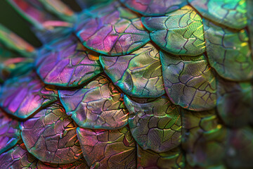 Close-up of the texture and pattern on an iridescent parrotfish's scales, showing its unique scale structure in green, purple, and pink colors.