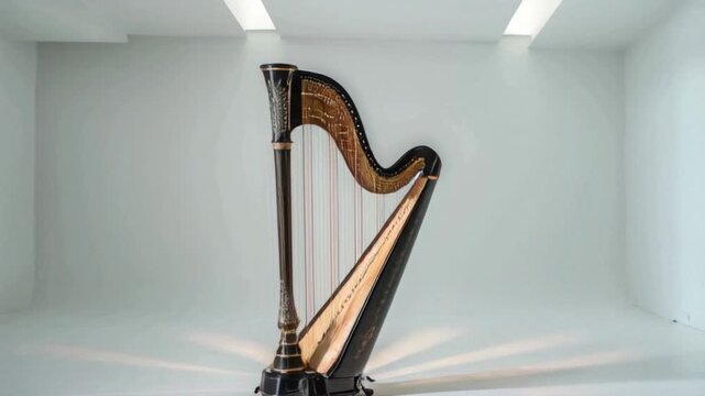 A harp on a white background. The harp is elegant with intricate design and golden strings. The text is in a big, flowing font and says, "Experience harmony." 