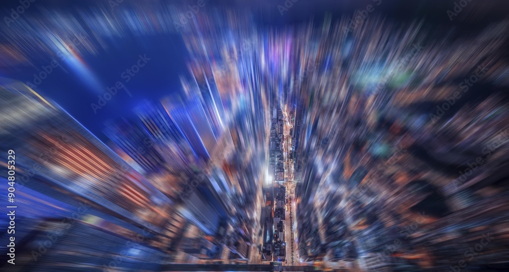 Canvas Prints An aerial view of a busy city street in Hong Kong, China, captured with a zoom blur effect.