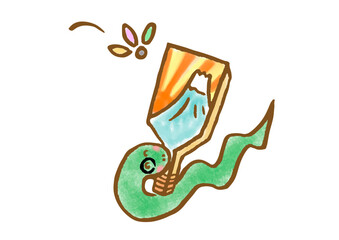 羽子板で遊ぶ可愛い蛇の手描きイラスト