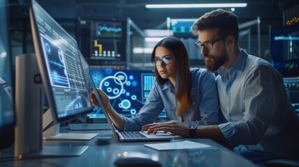 Portrait of Two Creative Young Female and Male Engineers Using Laptop Computer to Analyze and Discuss How to Proceed with the Artificial Intelligence Software. Standing in High Tech, Generative AI