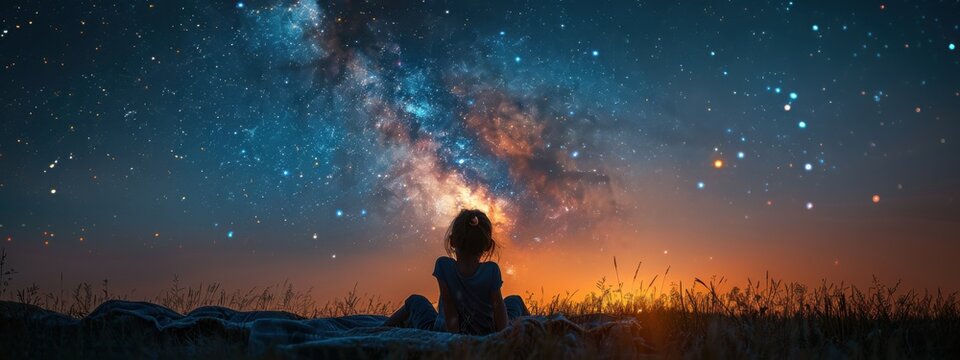 Stargazing: A person lying on a blanket at night, gazing up at the stars in a clear sky with a sense of wonder and curiosity.