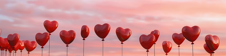 A romantic panorama of red hearts rising like balloons against a dusky pink sky, suggesting a sense of uplift and joy for Valentine's Day