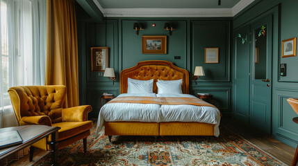 A boutique hotel room with eclectic decor and a comfortable chair