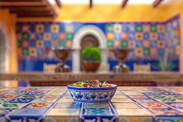 Naklejka premium Colorful Mexican Talavera tiles with traditional bowl in courtya