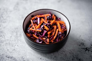 Red cabbage carrot salad in a bowl