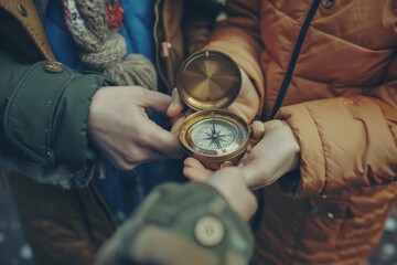 Two individuals are shown holding a compass in their hands, indicating direction and navigation, Family is the compass that guides us through life