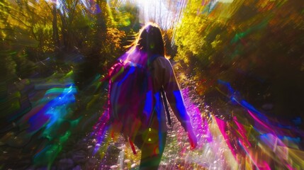 66. Day Hike, realistic style, neon colors, geometric pattern, over-the-shoulder, natural light, motion blur,