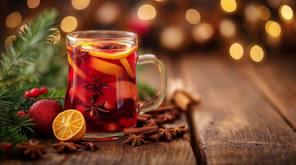 Christmas mulled red wine with aromatic spices and citrus fruits on a wooden rustic table, close-up