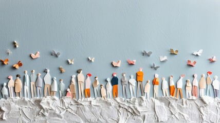 A detailed cut-out paper banner showcasing a sea of people with unique patterns and textures.
