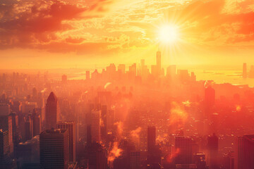 Fototapeta premium Sunset cityscape with a warm orange glow over skyscrapers and urban landscape. Captures the essence of urban life and evening tranquility.