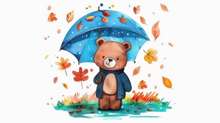 A cute bear holds an umbrella amid colorful autumn leaves, creating a whimsical scene in vibrant watercolor style.