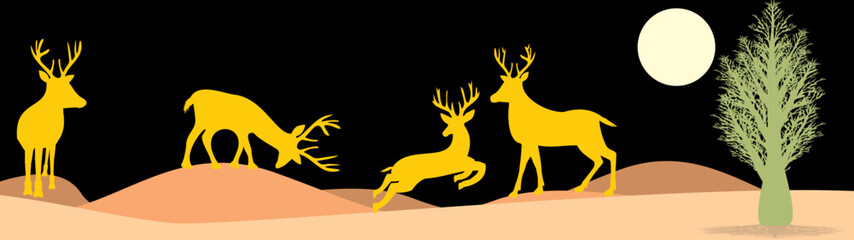 Four Deer In Desert at night, vector, deer, tree, desert, 