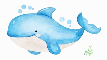 Fototapeta premium A charming whale swims in the deep blue sea, captured in soft watercolor hues. Adorable marine life comes to life on canvas.