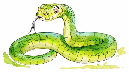 Fototapeta premium Delight in this whimsical green snake cartoon, a playful and cute animal captured in vibrant watercolor illustrations