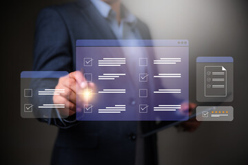 Online survey and Quick checklist concept, businessman filling a checklist questionnaire assessment...