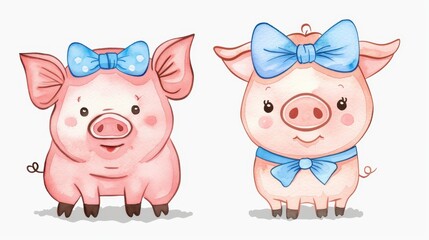 A delightful watercolor of a pig with a cute blue bow, bringing a touch of whimsy Perfect for all ages.