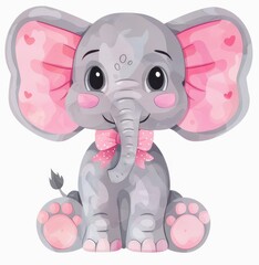Obraz premium Adorable baby elephant with big ears, wearing a cute bow and hat, perfect for illustrations for kids.