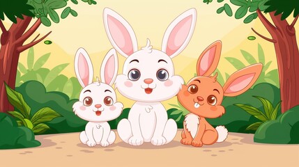 Fototapeta premium Adorable fluffy bunnies frolic through a vibrant forest, making them perfect for joyous Easter celebrations.