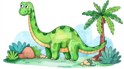 Adorable green dinosaur in watercolor, perfect for childrens illustrations, stickers, and playful print designs.