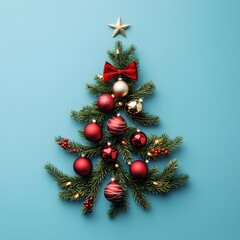 Fototapeta premium Creative Christmas Fir Tree on Blue Background Top View for New Year Greeting Card