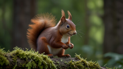 Obraz premium squirrel eating nuts in the middle of the forest in the morning