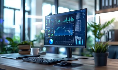 Desktop Computer Monitor with Finance Statistical Data Software and Progressive User Interface Standing on the Desk in the Modern Business Office. In the Background Glass Wal, Generative AI