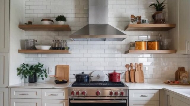 Modern kitchen with a clean and organized layout. The focal point is a stainless steel stove with red knobs, centered below a sleek stainless steel range hood.