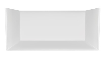 3d corner stand booth. White exhibition wall for event mock up. Blank rectangle room for trade show isolated vector render. Box space interior. Expo kiosk showroom. Small promotion area template