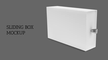 Slide gift box mockup. 3d cardboard drawer package mock up. White close cover sleeve matchbox side view. Realistic pull packaging template for presentation. Jewelry compact sliding pack layout.