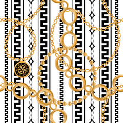 Seamless pattern decorated with precious stones, gold chains and pearls.	