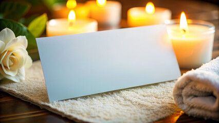 Blank Card with Candles, Rose, and Towel for Spa  or Relaxation Theme.