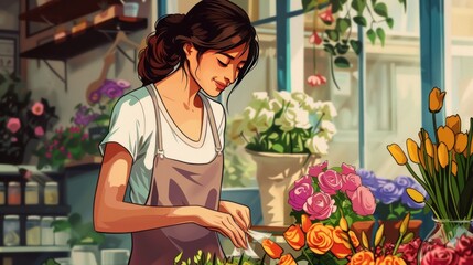 Woman Arranging Flowers in a Florist Shop.