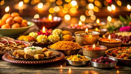 Fototapeta premium Diwali Festival Celebration with Traditional Sweets and Candles.