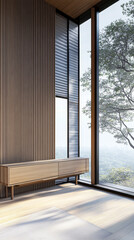 Fototapeta premium Modern sideboard next to a large window in a property interiors design composition inside a room with wall panels. Real Estate conceptual luxury image.
