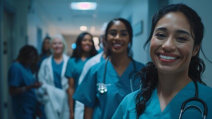 Obraz premium Healthcare professionals, including doctors and nurses, posing happily in a hospital hallway.