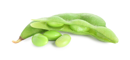 Raw green edamame pods with soybeans isolated on white